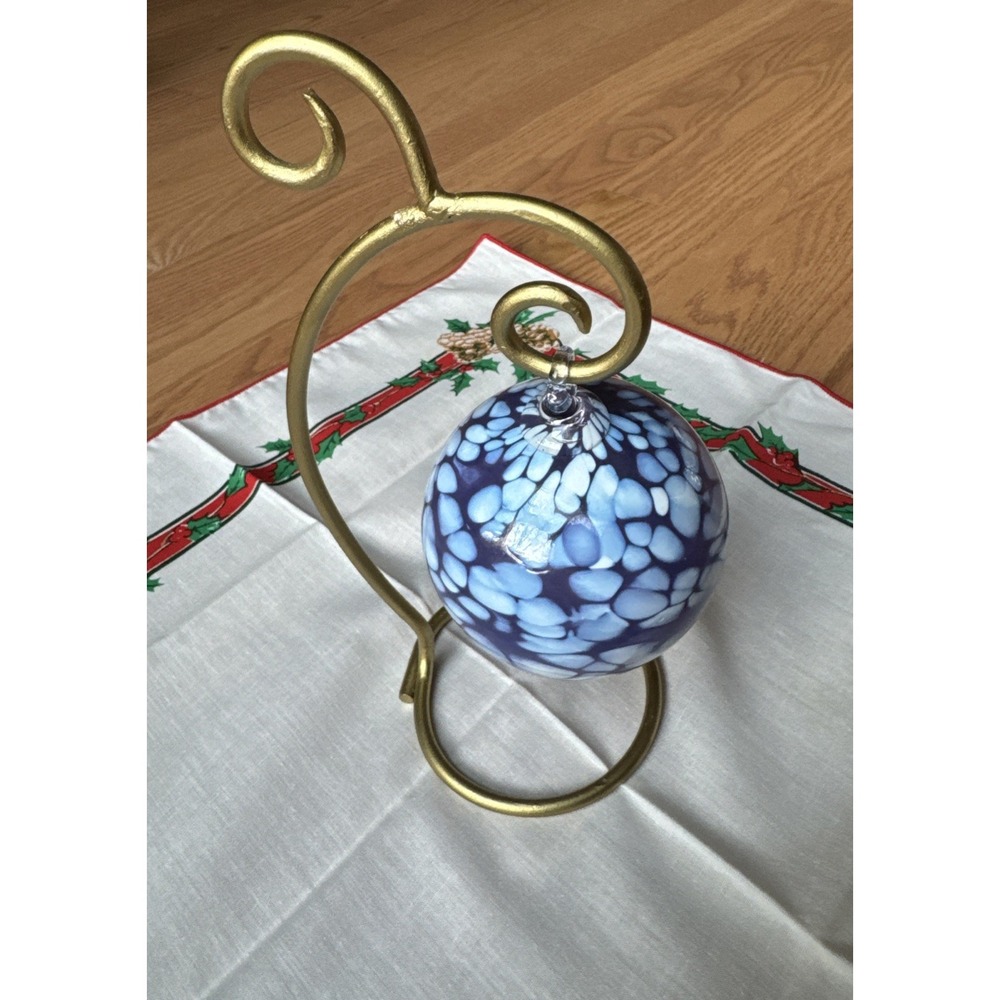 Art Glass Ball Christmas Ornament on stand hand/mouth blown Blue White Orb